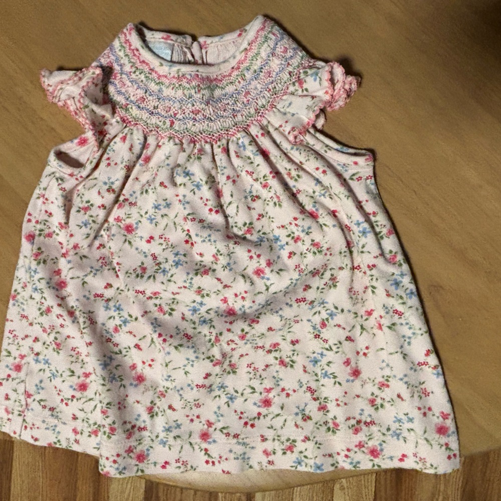 Smocked Floral Dress in Pink, Blue, Green - Picture 3 of 4